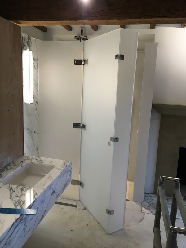 Bespoke frosted glass shower enclosure in Uxbridge luxury bathroom